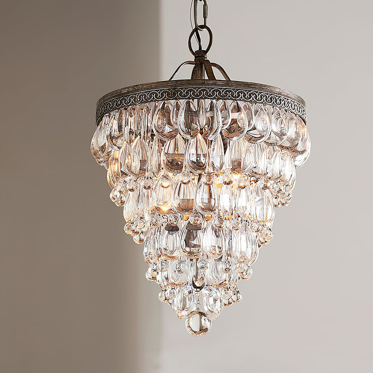 Crystal Inverted Pyramid Chandelier – Ancient Silver Tiered Crystal Pendant Light