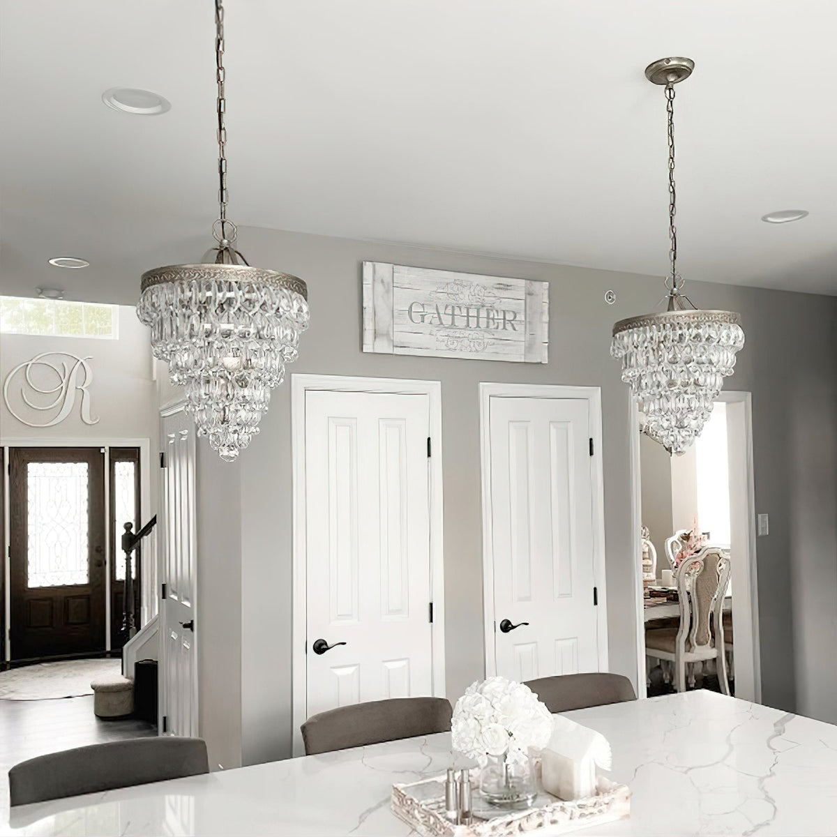 Crystal Inverted Pyramid Chandelier – Ancient Silver Tiered Crystal Pendant Light