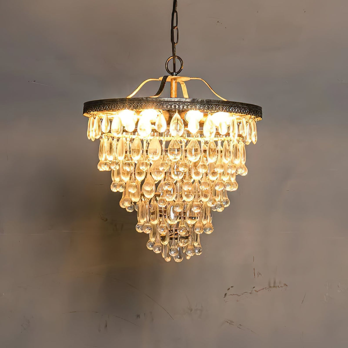 Crystal Inverted Pyramid Chandelier – Ancient Silver Tiered Crystal Pendant Light