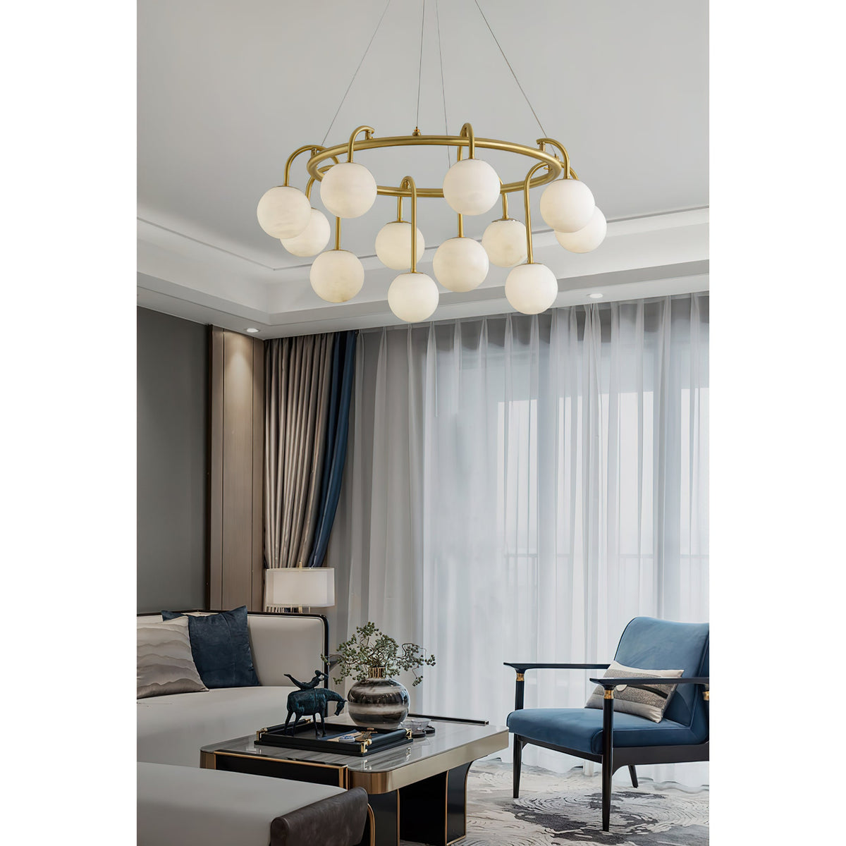 Maytoni Chandelier - Retro-Chic Brass & Spherical Alabaster Cloud Pendant