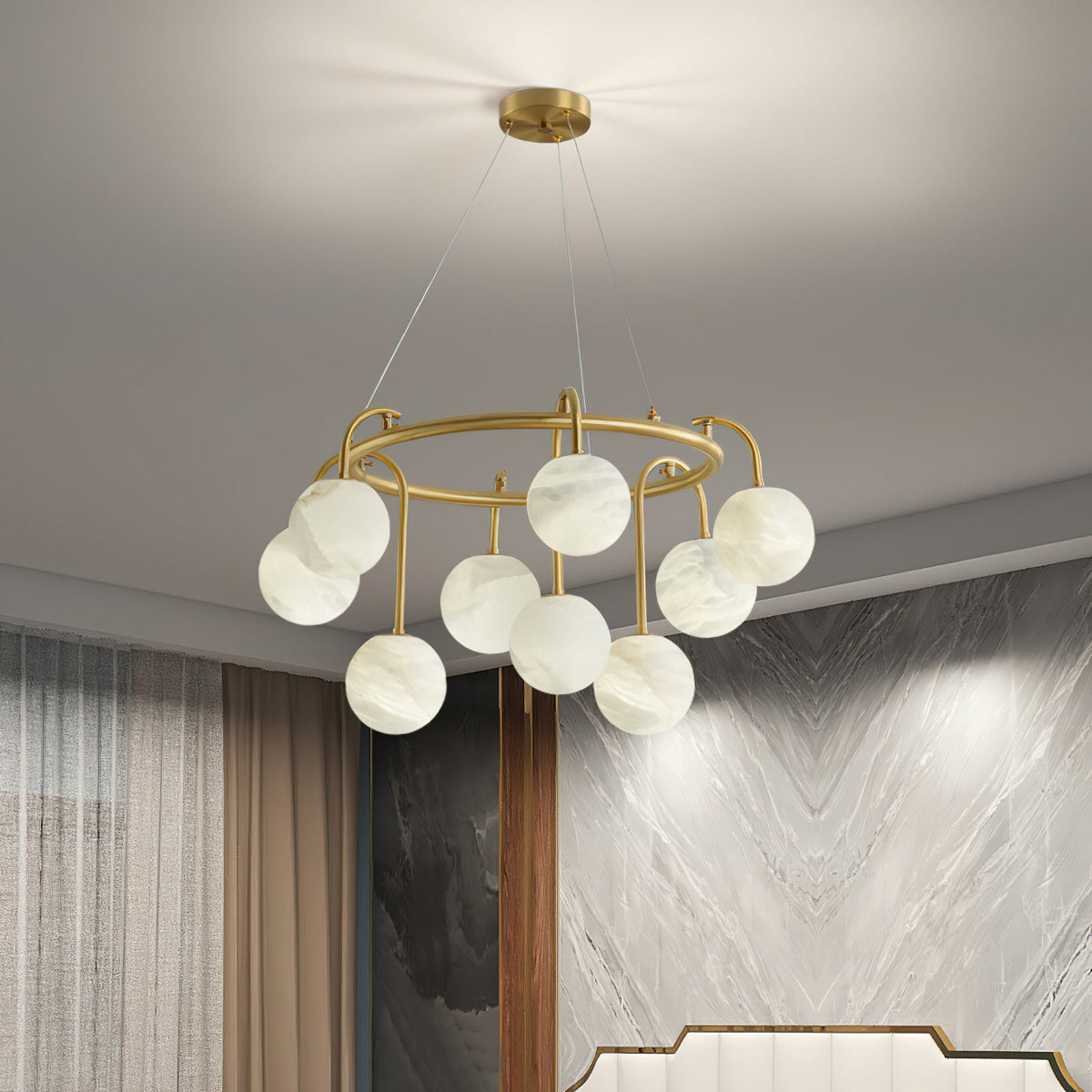 Maytoni Chandelier - Retro-Chic Brass & Spherical Alabaster Cloud Pendant