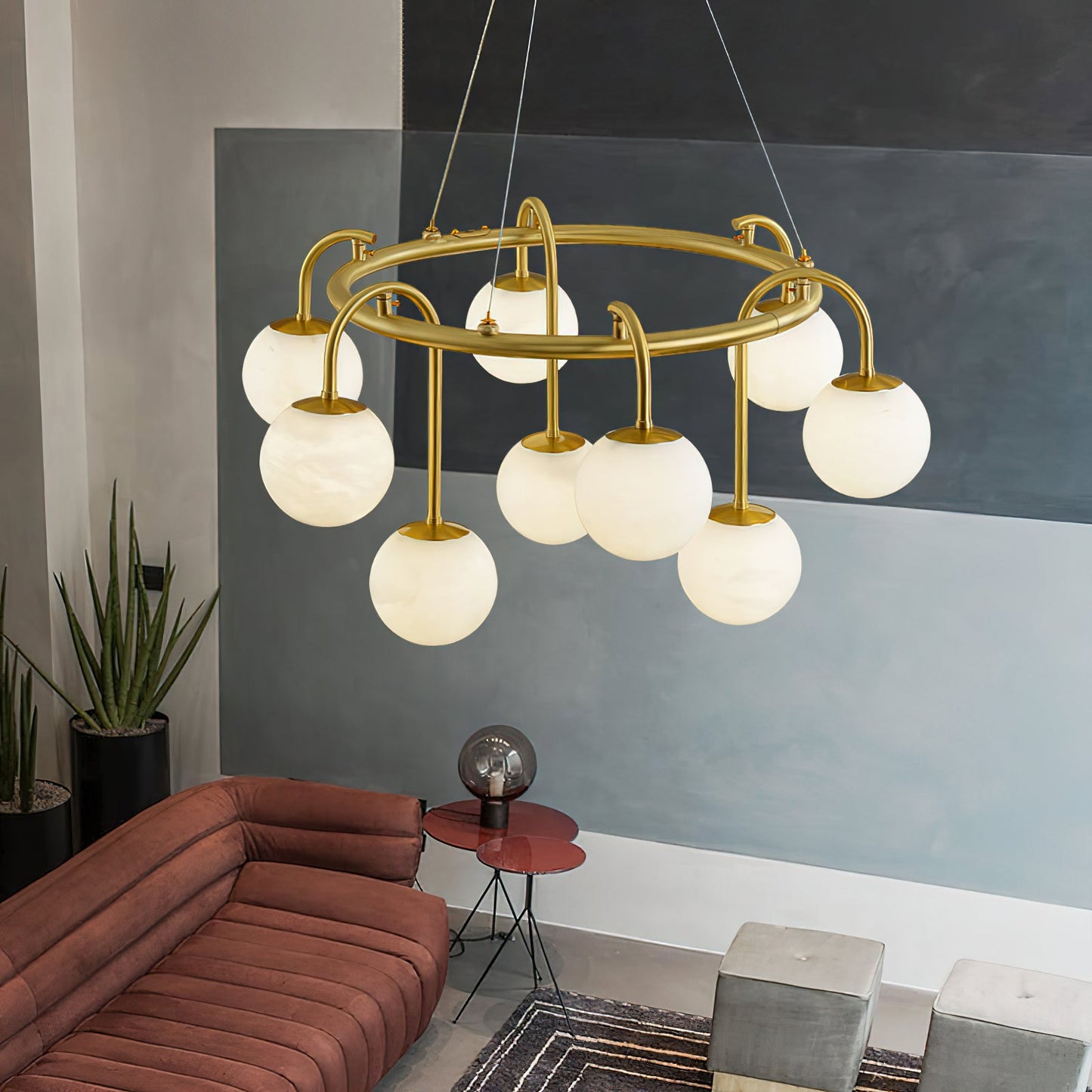 Maytoni Chandelier - Retro-Chic Brass & Spherical Alabaster Cloud Pendant