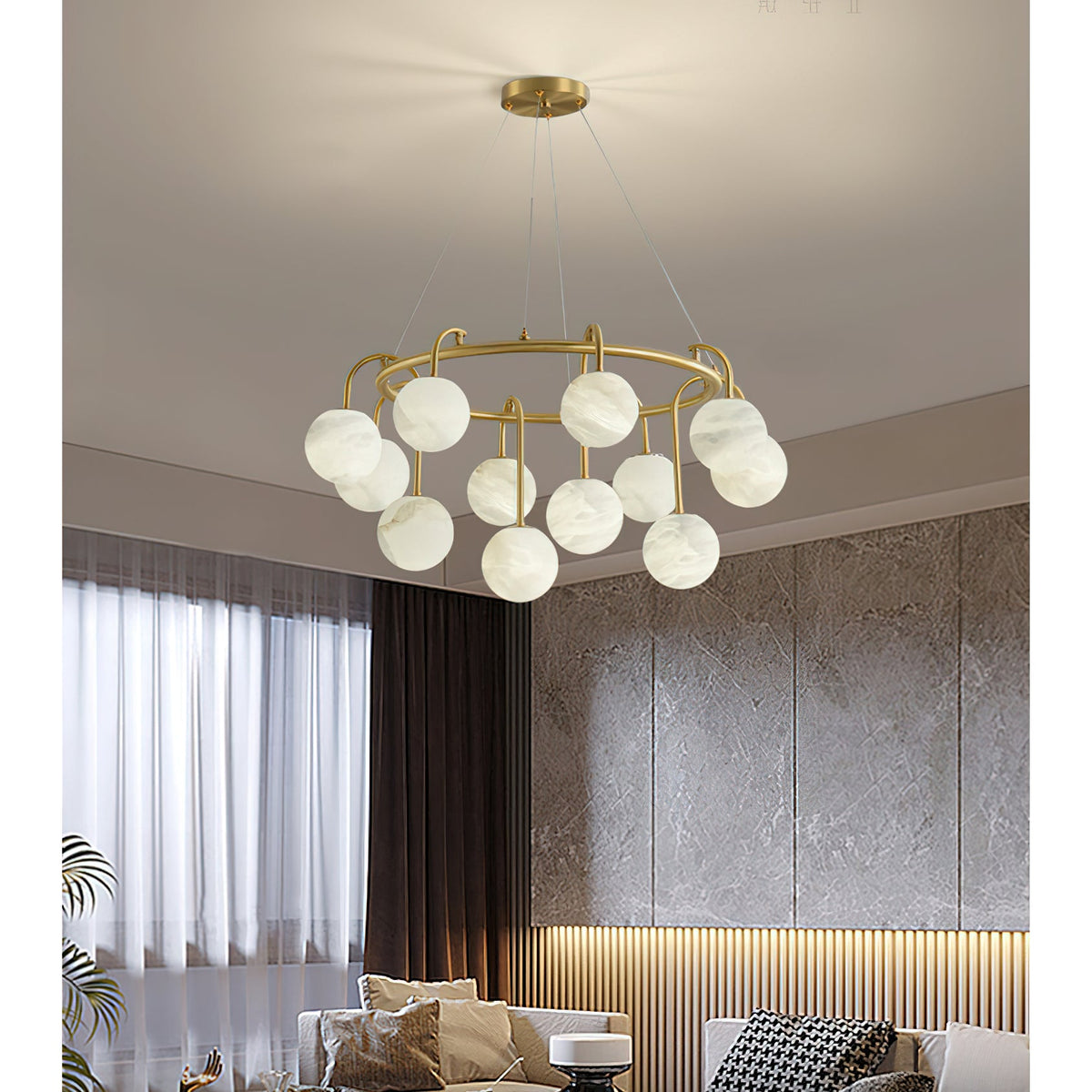 Maytoni Chandelier - Retro-Chic Brass & Spherical Alabaster Cloud Pendant