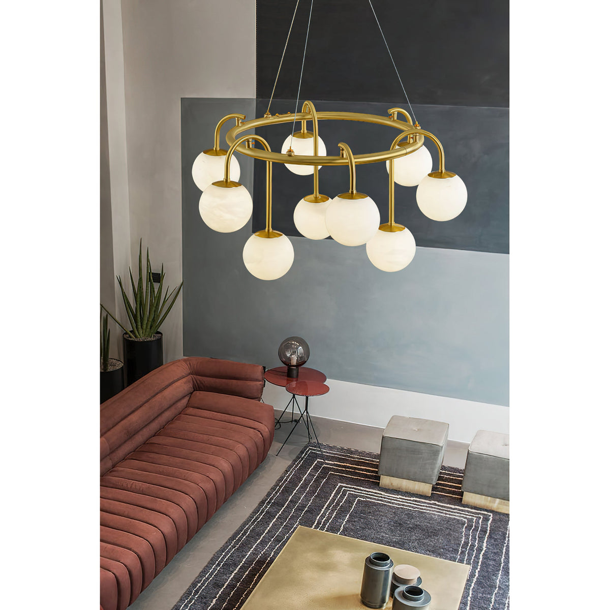 Maytoni Chandelier - Retro-Chic Brass & Spherical Alabaster Cloud Pendant