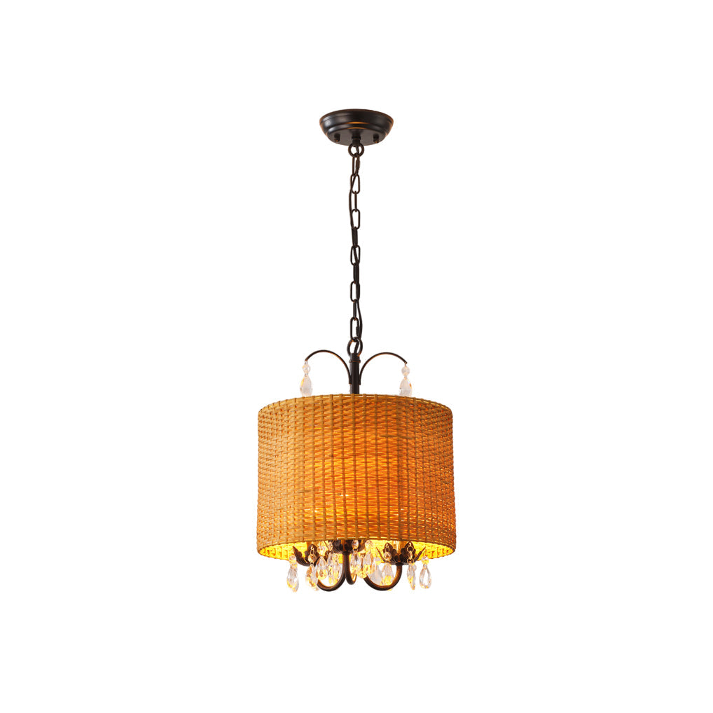 Mclendon Pendant Lamp - Natural Woven Rattan & Crystal Drum Pendant