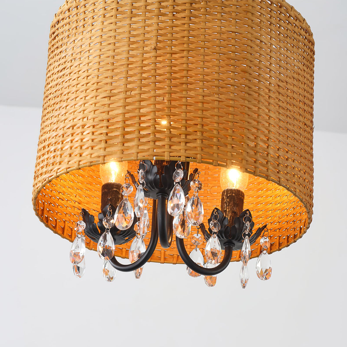 Mclendon Pendant Lamp - Natural Woven Rattan & Crystal Drum Pendant