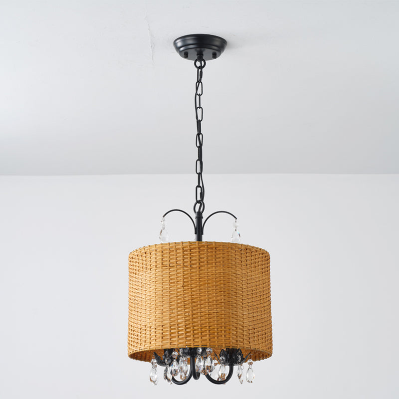 Mclendon Pendant Lamp - Natural Woven Rattan & Crystal Drum Pendant