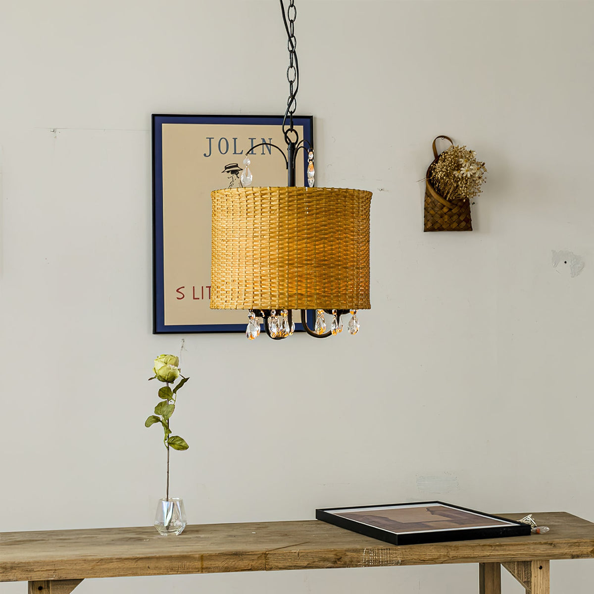 Mclendon Pendant Lamp - Natural Woven Rattan & Crystal Drum Pendant