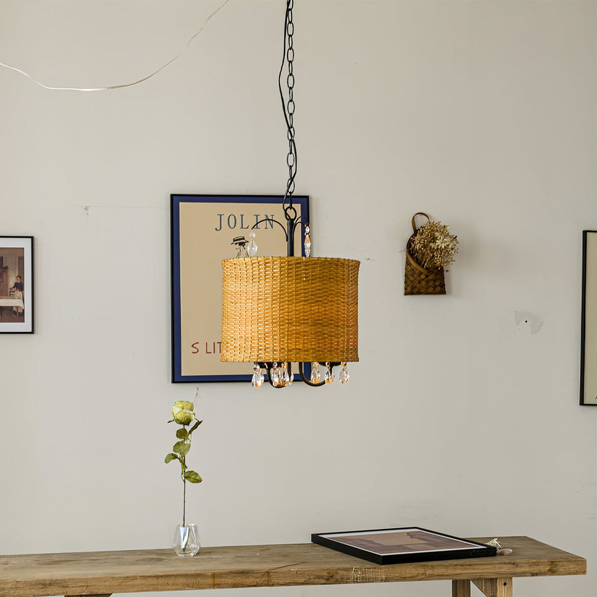 Mclendon Pendant Lamp - Natural Woven Rattan & Crystal Drum Pendant