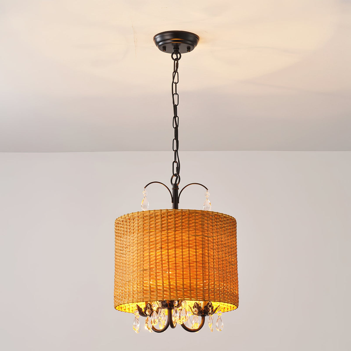 Mclendon Pendant Lamp - Natural Woven Rattan & Crystal Drum Pendant