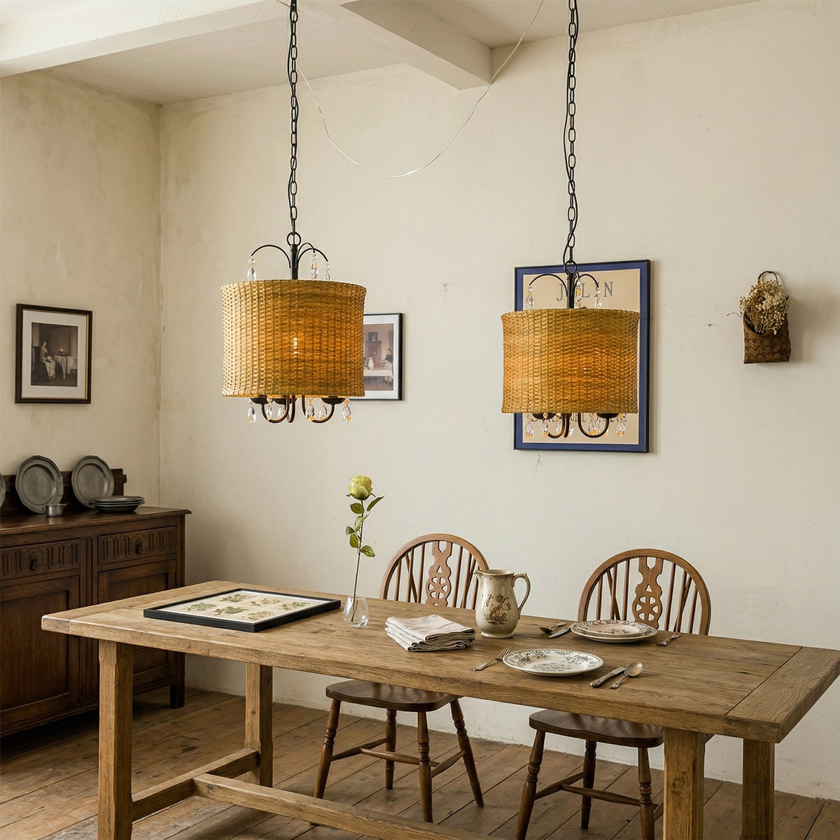 Mclendon Pendant Lamp - Natural Woven Rattan & Crystal Drum Pendant