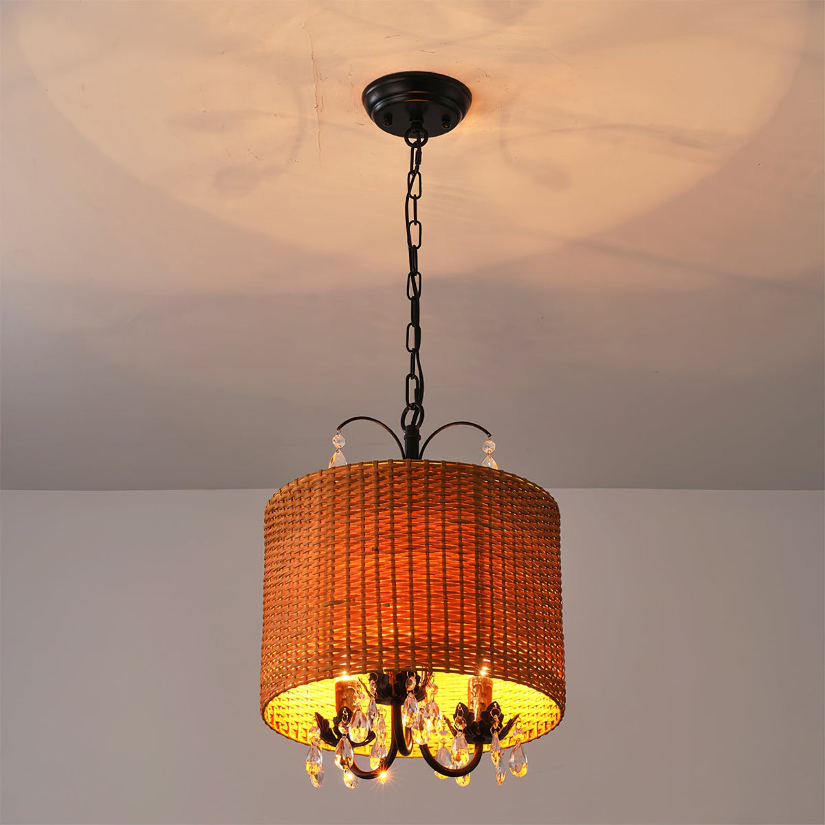 Mclendon Pendant Lamp - Natural Woven Rattan & Crystal Drum Pendant