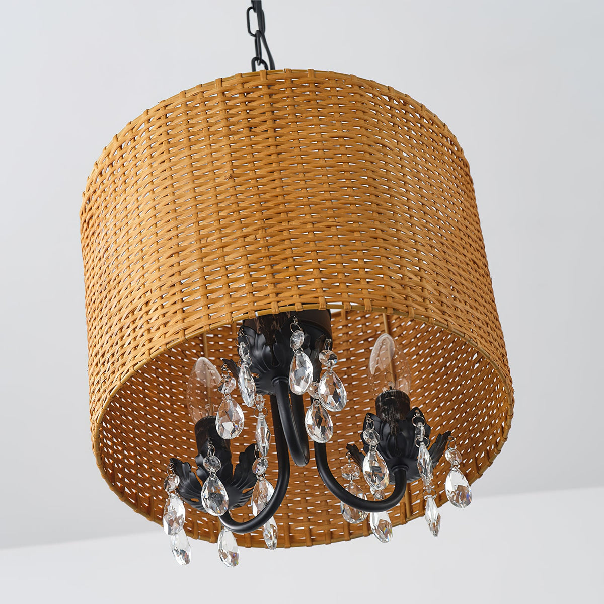 Mclendon Pendant Lamp - Natural Woven Rattan & Crystal Drum Pendant
