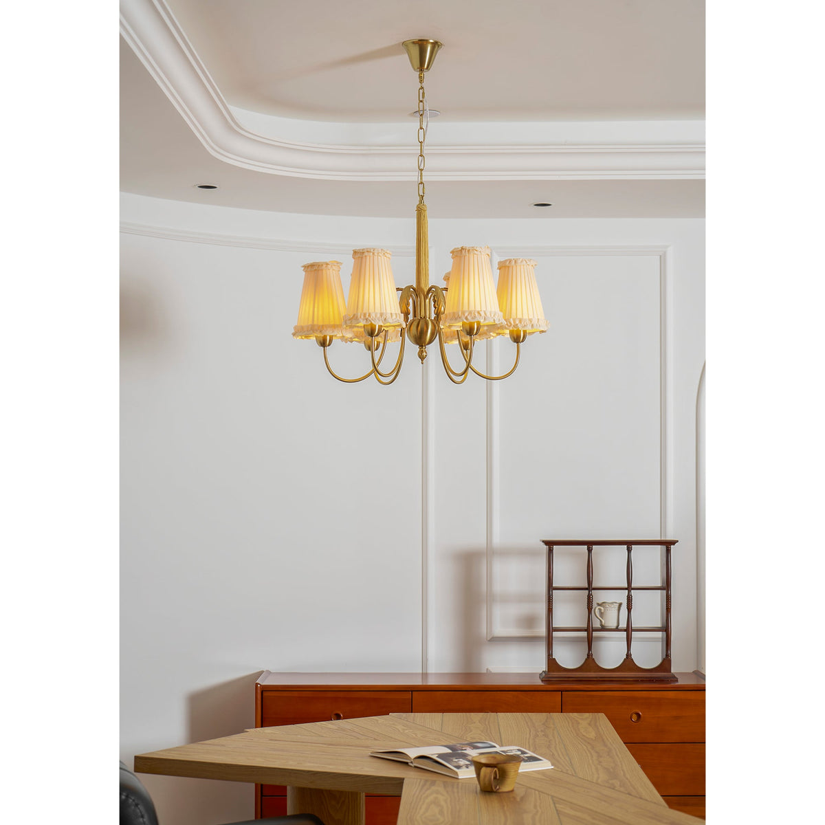 Mcveigh Chandelier - Vintage Gold Brass & Fabric Shade Pendant