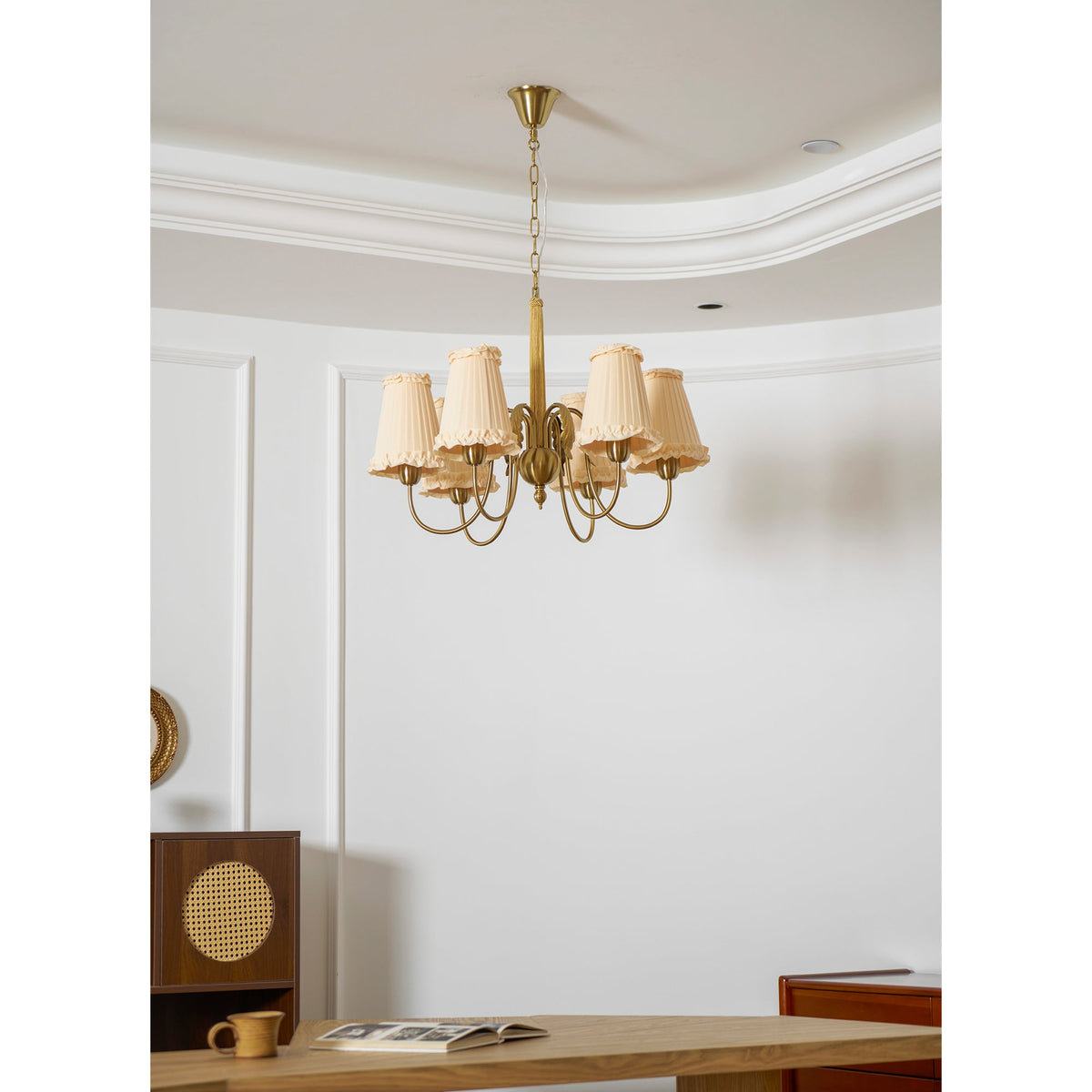 Mcveigh Chandelier - Vintage Gold Brass & Fabric Shade Pendant