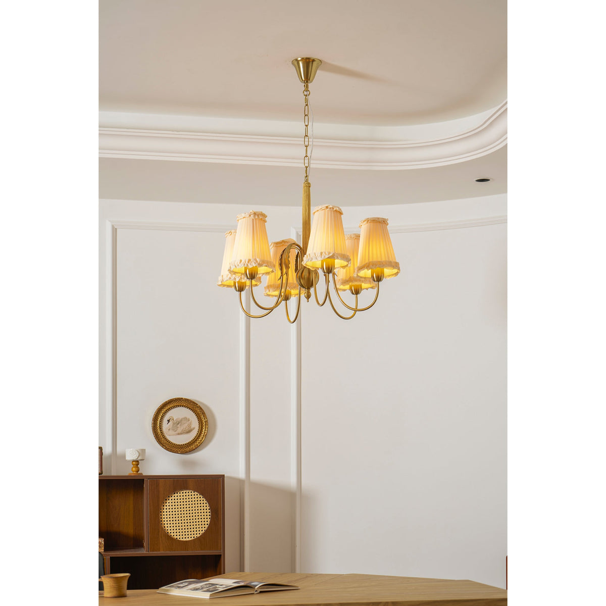 Mcveigh Chandelier - Vintage Gold Brass & Fabric Shade Pendant