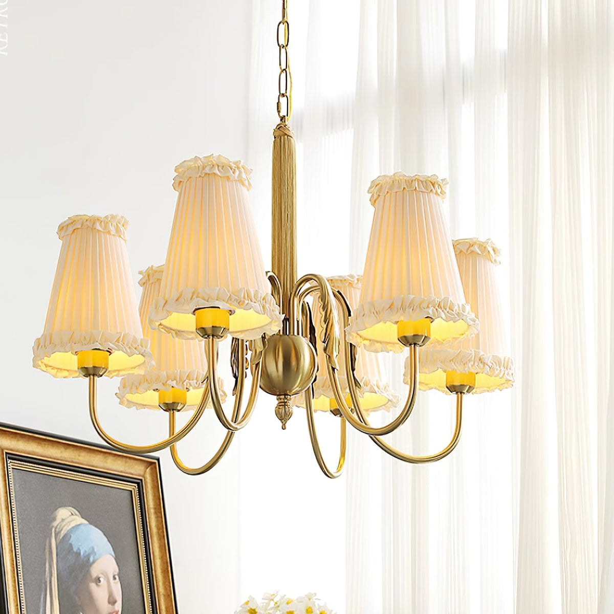 Mcveigh Chandelier - Vintage Gold Brass & Fabric Shade Pendant
