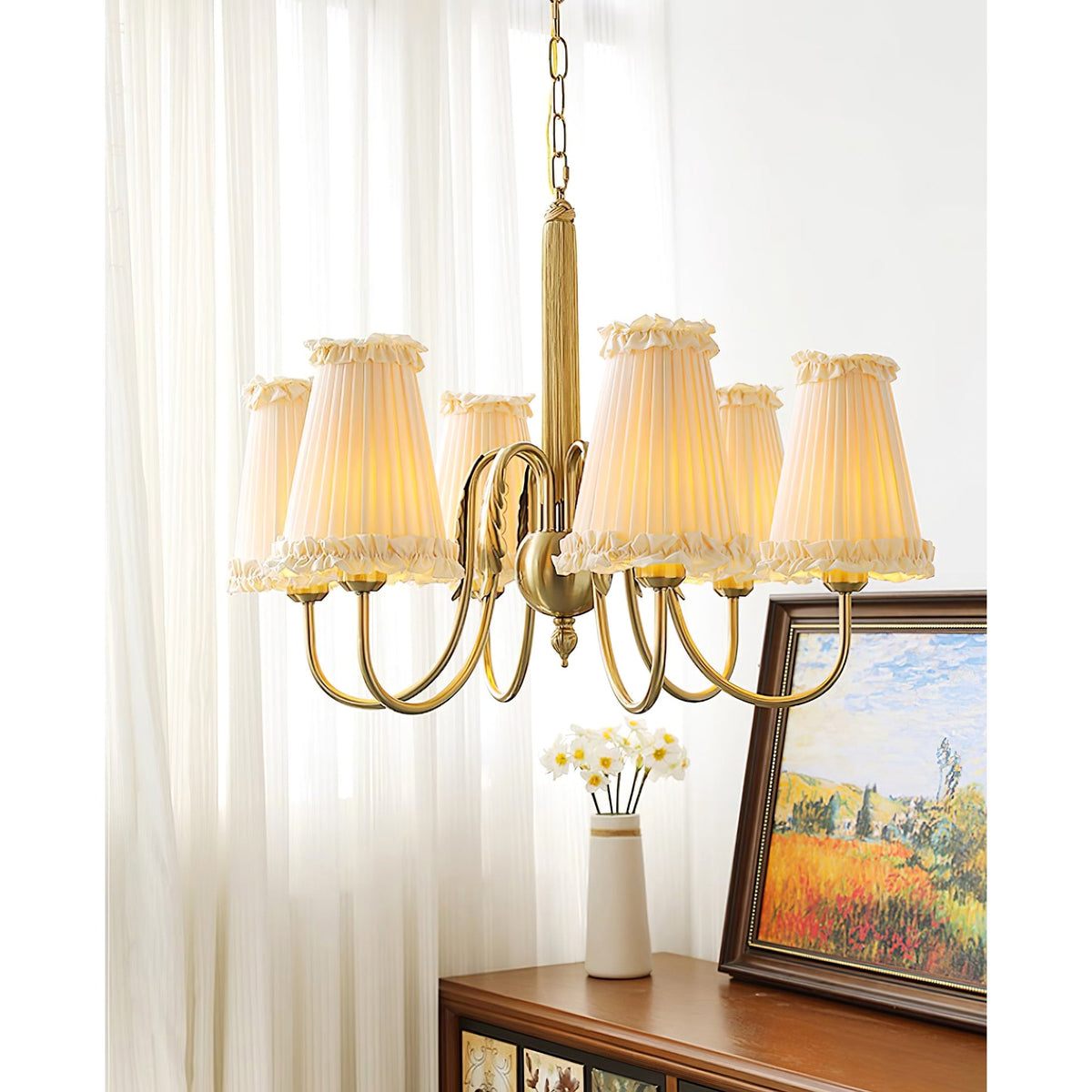 Mcveigh Chandelier - Vintage Gold Brass & Fabric Shade Pendant