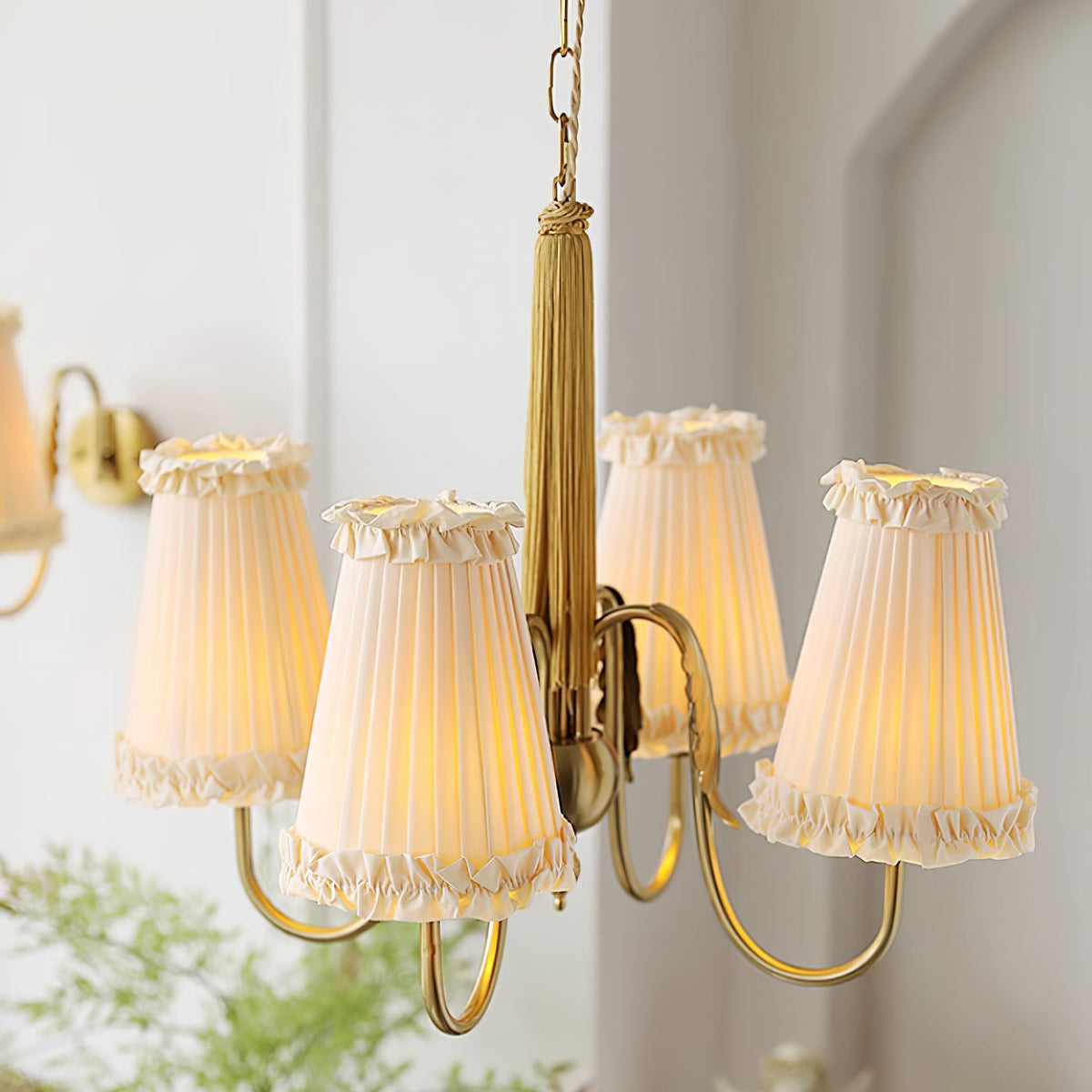 Mcveigh Chandelier - Vintage Gold Brass & Fabric Shade Pendant