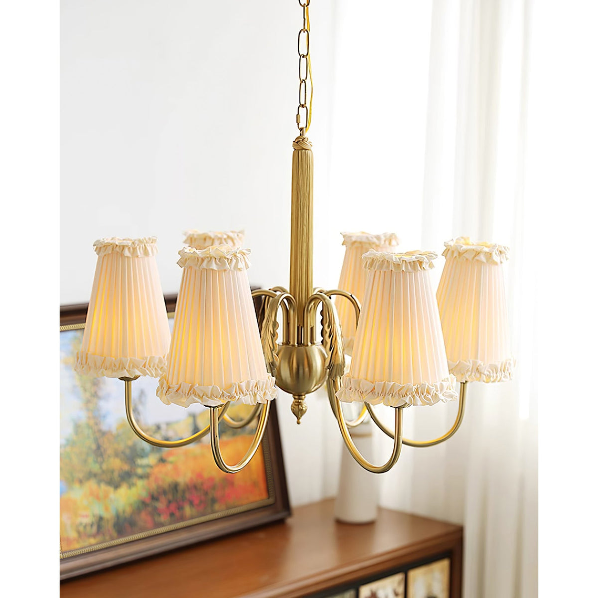 Mcveigh Chandelier - Vintage Gold Brass & Fabric Shade Pendant