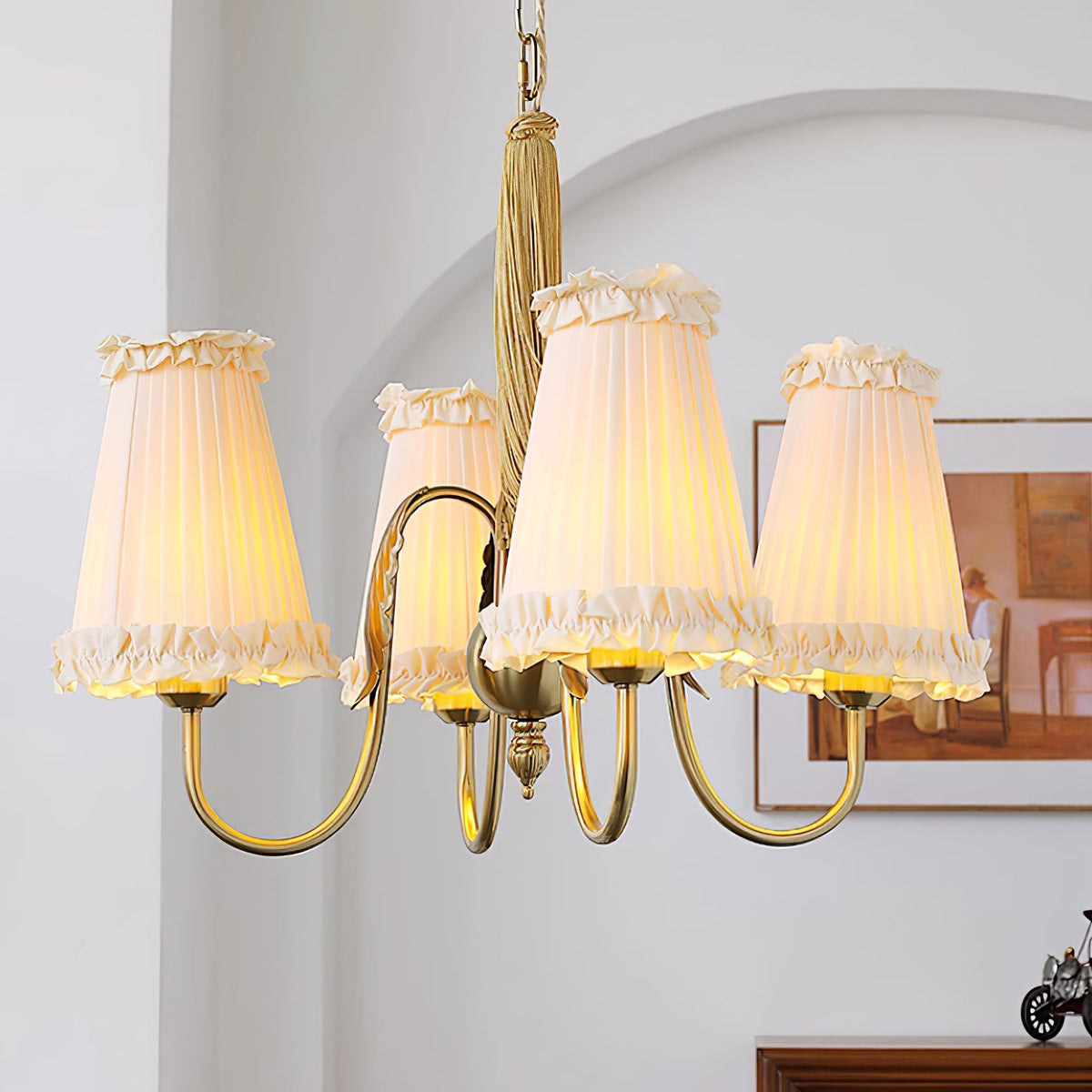 Mcveigh Chandelier - Vintage Gold Brass & Fabric Shade Pendant