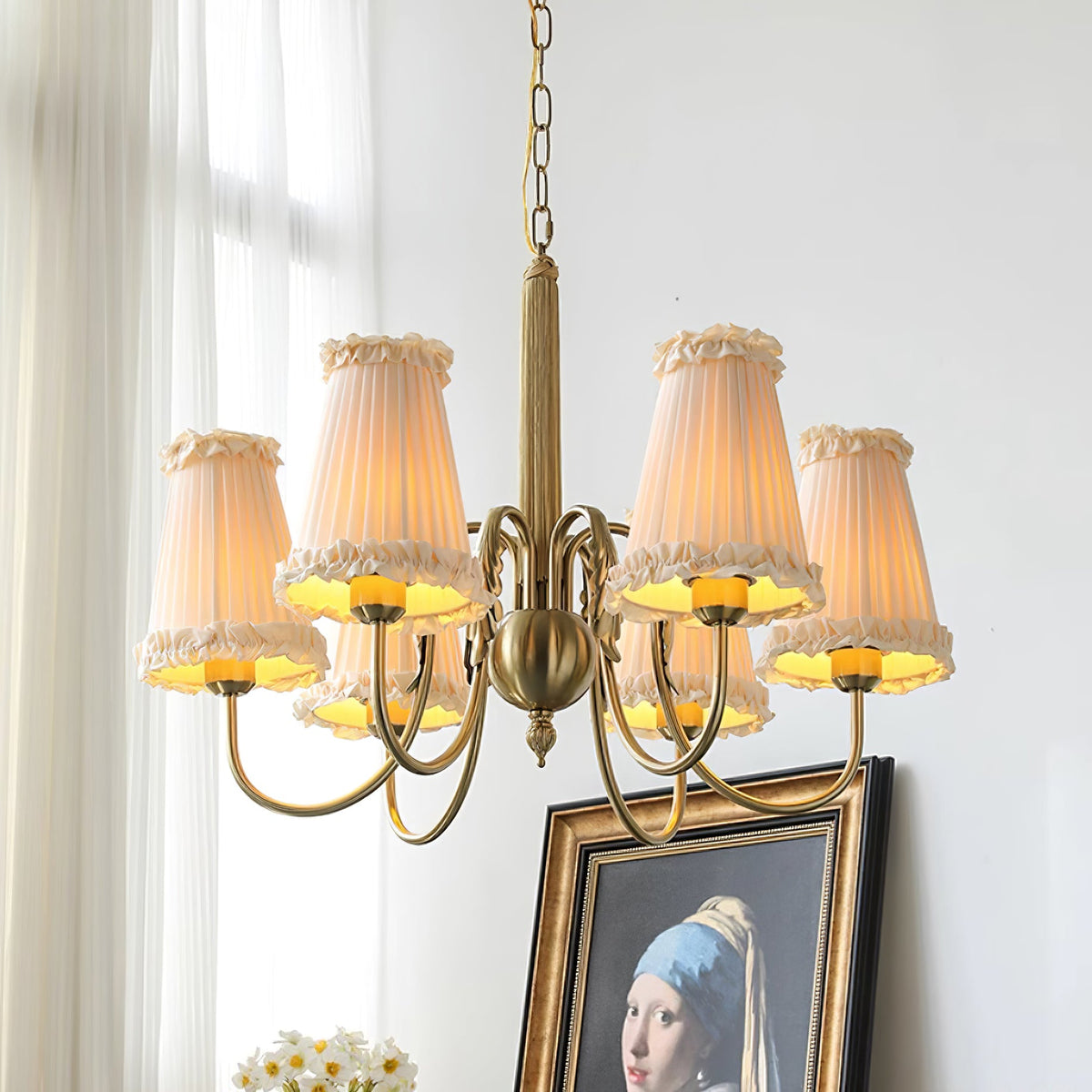 Mcveigh Chandelier - Vintage Gold Brass & Fabric Shade Pendant