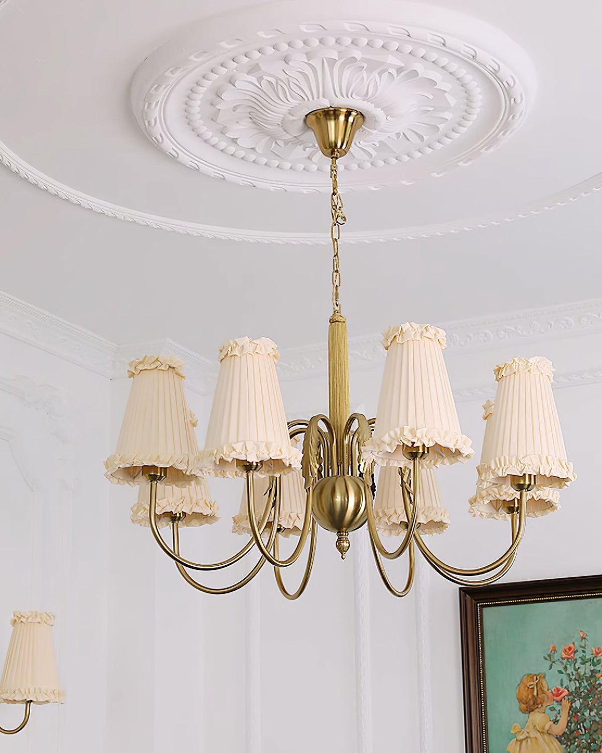 Mcveigh Chandelier - Vintage Gold Brass & Fabric Shade Pendant