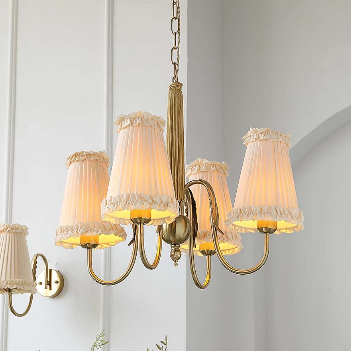 Mcveigh Chandelier - Vintage Gold Brass & Fabric Shade Pendant