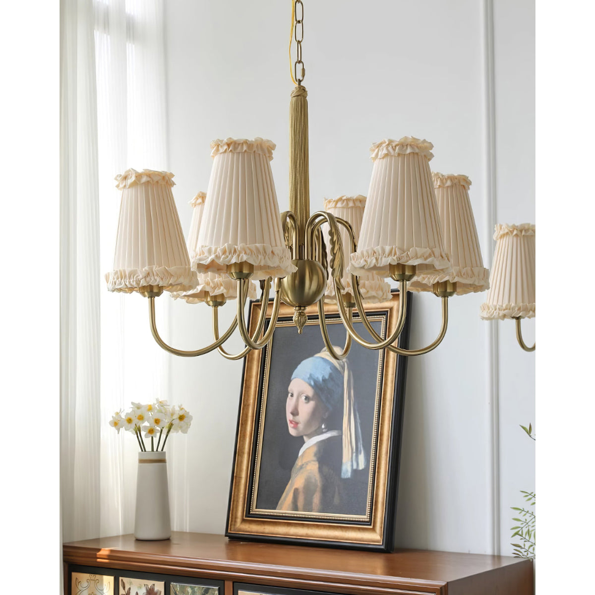 Mcveigh Chandelier - Vintage Gold Brass & Fabric Shade Pendant