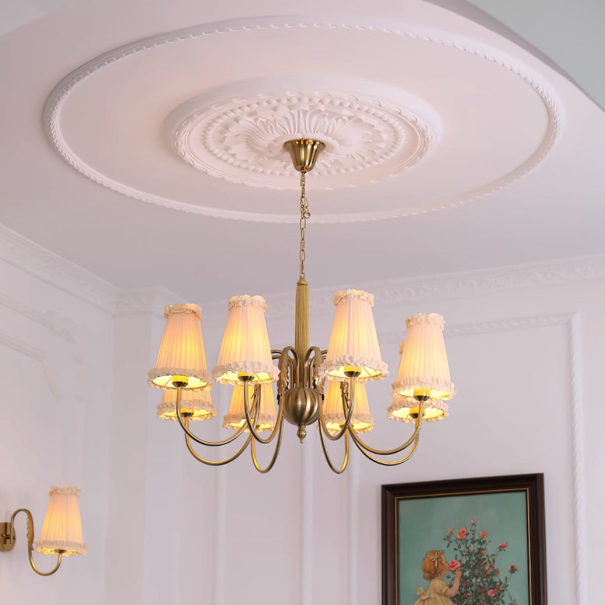 Mcveigh Chandelier - Vintage Gold Brass & Fabric Shade Pendant
