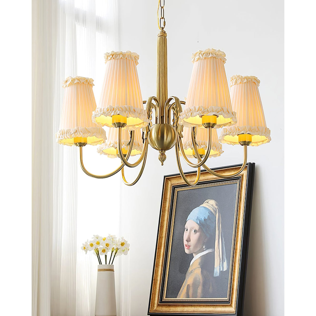 Mcveigh Chandelier - Vintage Gold Brass & Fabric Shade Pendant