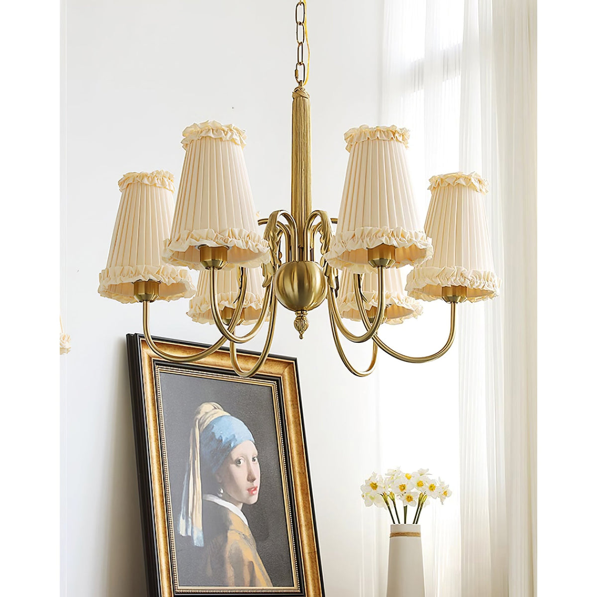 Mcveigh Chandelier - Vintage Gold Brass & Fabric Shade Pendant