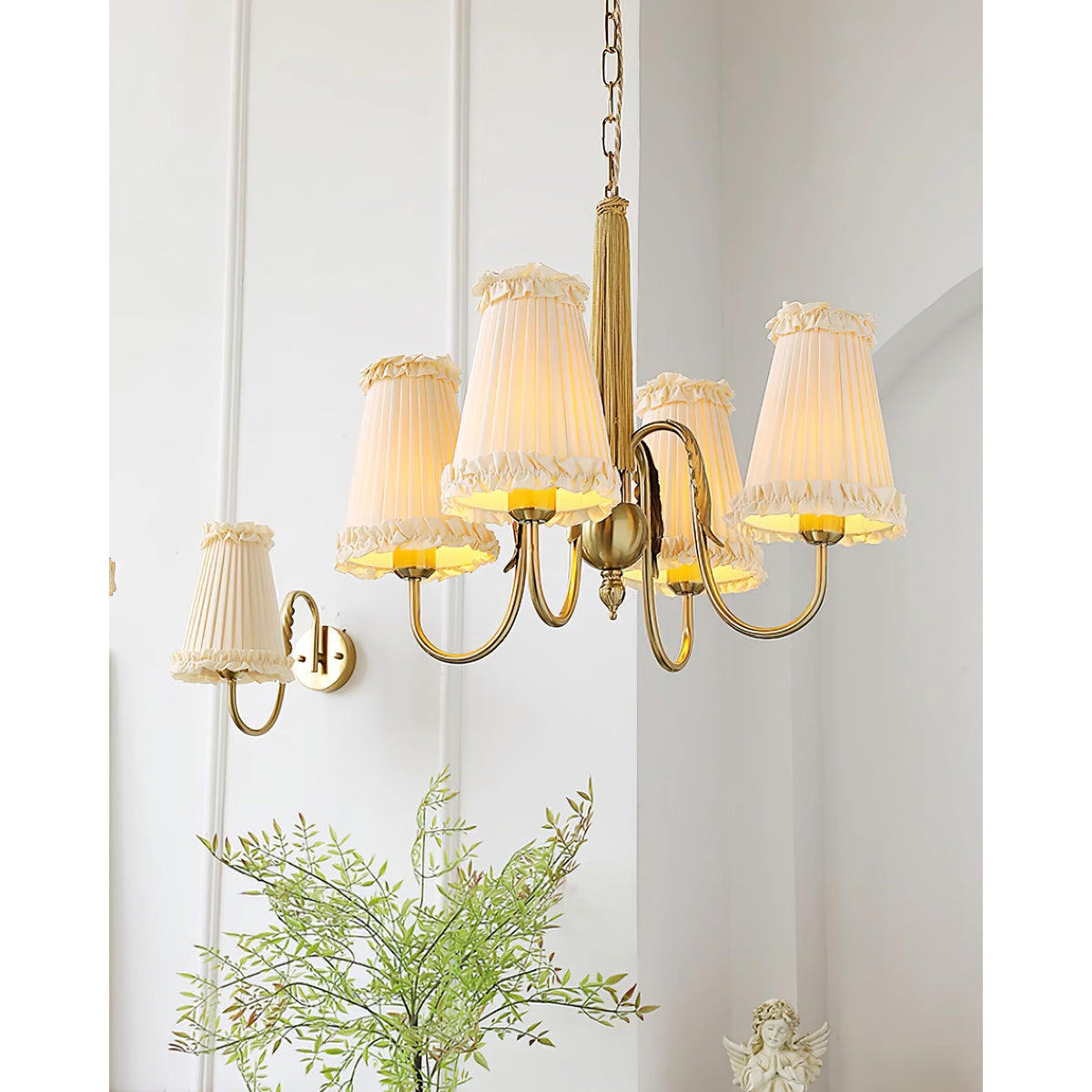 Mcveigh Chandelier - Vintage Gold Brass & Fabric Shade Pendant