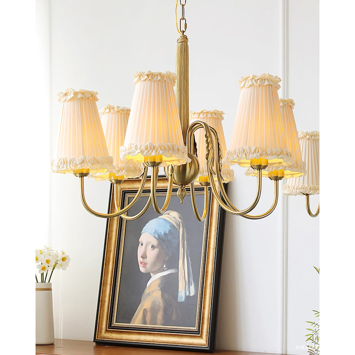 Mcveigh Chandelier - Vintage Gold Brass & Fabric Shade Pendant