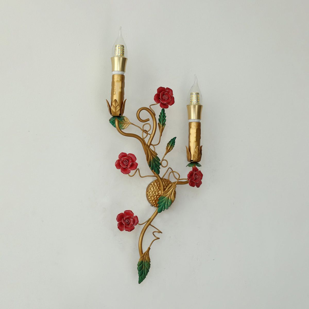 Mechini Wall Lamp - Hand-Forged Floral Vines & Ceramic Roses Wall Sconce