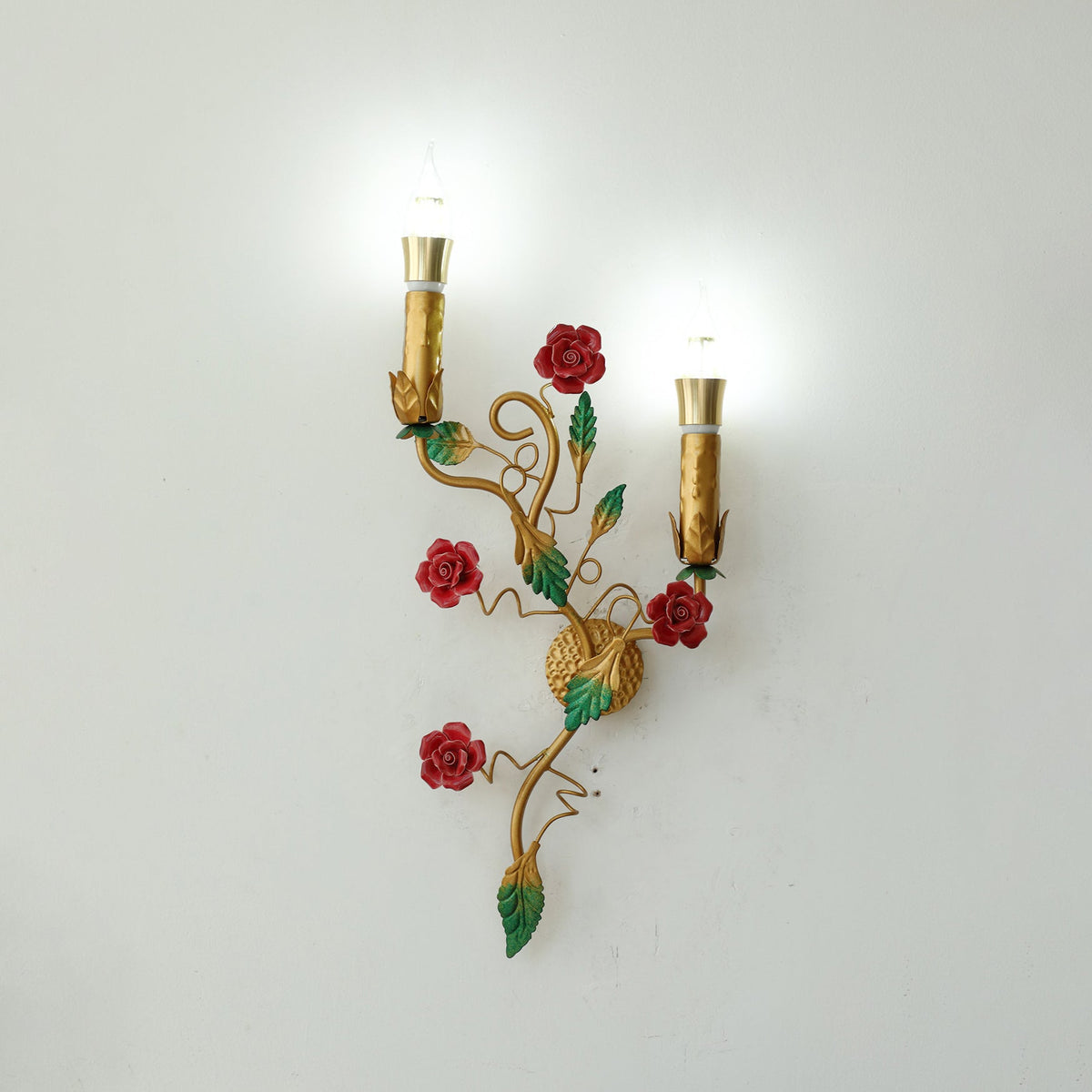 Mechini Wall Lamp - Hand-Forged Floral Vines & Ceramic Roses Wall Sconce