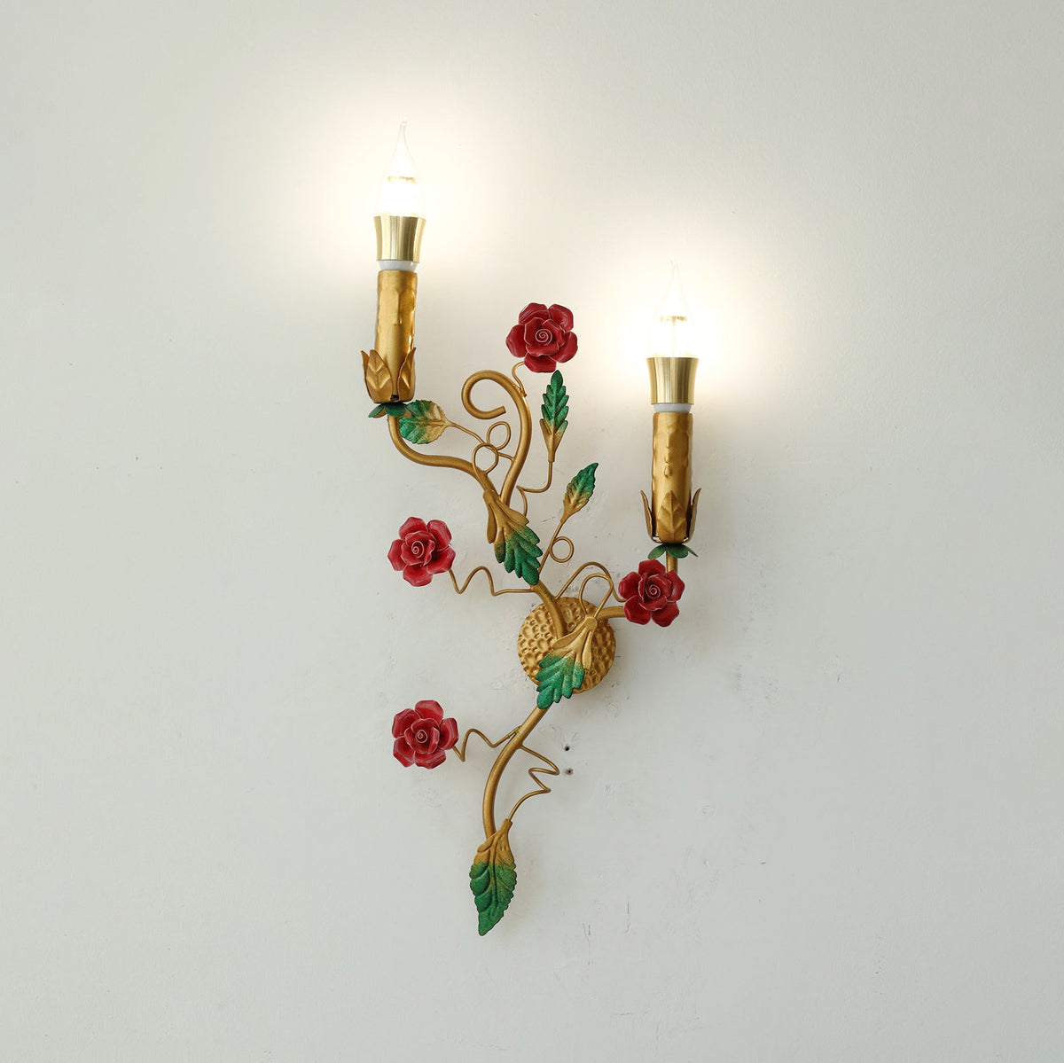 Mechini Wall Lamp - Hand-Forged Floral Vines & Ceramic Roses Wall Sconce