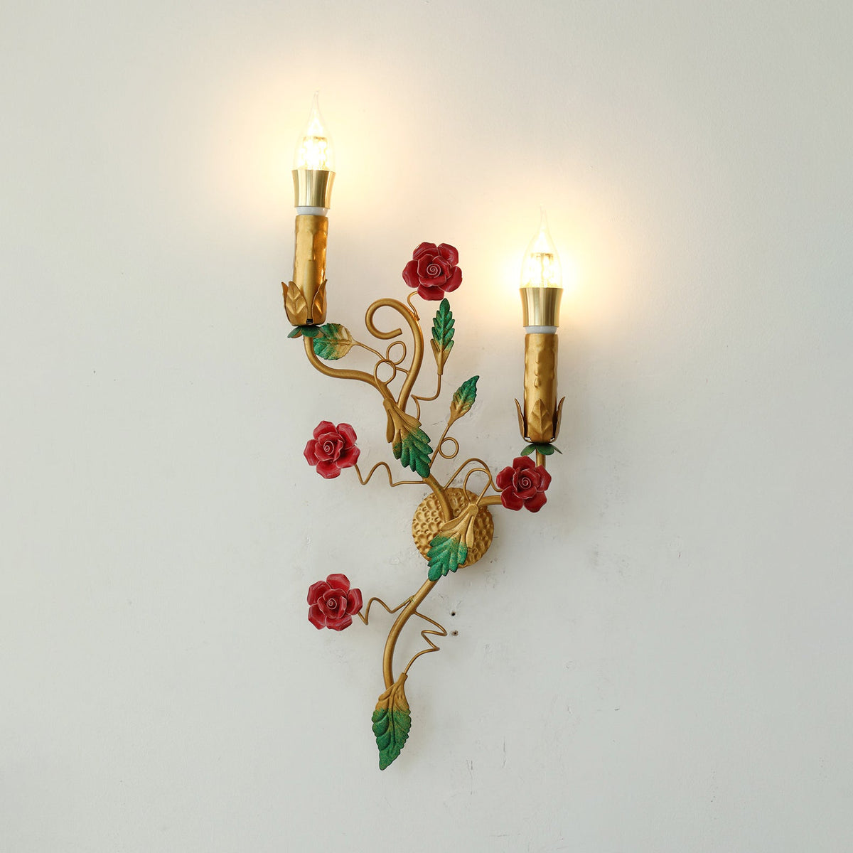 Mechini Wall Lamp - Hand-Forged Floral Vines & Ceramic Roses Wall Sconce