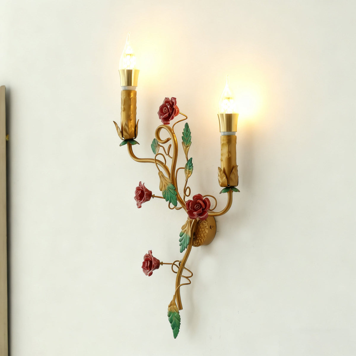 Mechini Wall Lamp - Hand-Forged Floral Vines & Ceramic Roses Wall Sconce