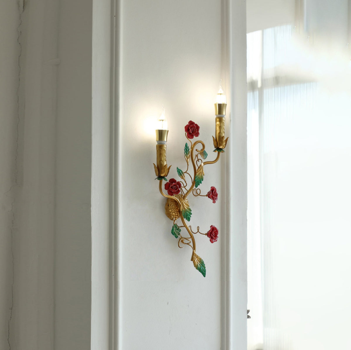 Mechini Wall Lamp - Hand-Forged Floral Vines & Ceramic Roses Wall Sconce