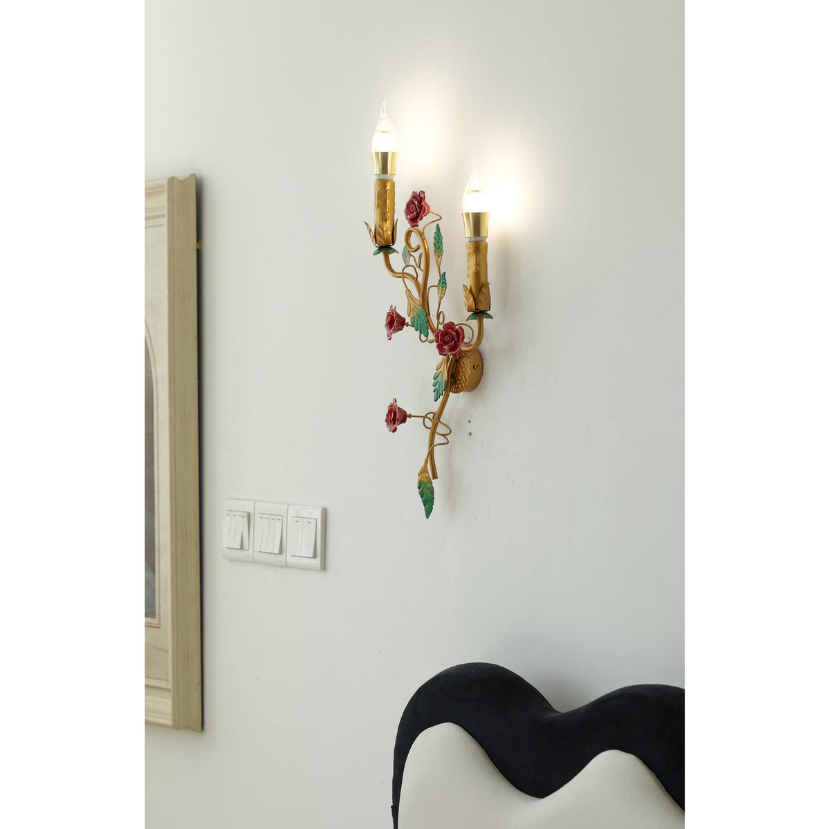 Mechini Wall Lamp - Hand-Forged Floral Vines & Ceramic Roses Wall Sconce