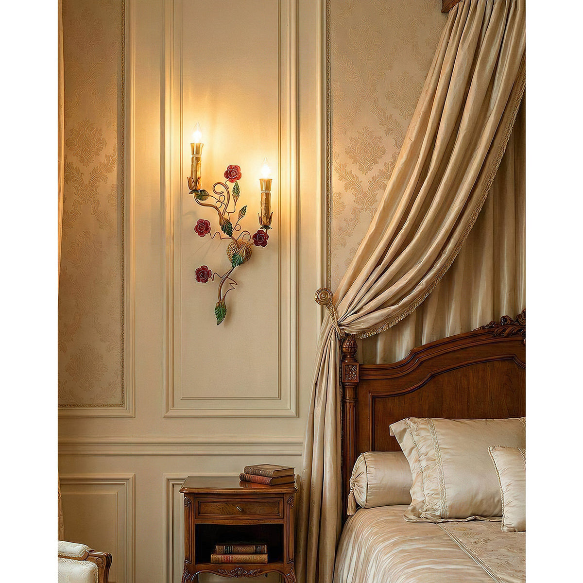Mechini Wall Lamp - Hand-Forged Floral Vines & Ceramic Roses Wall Sconce