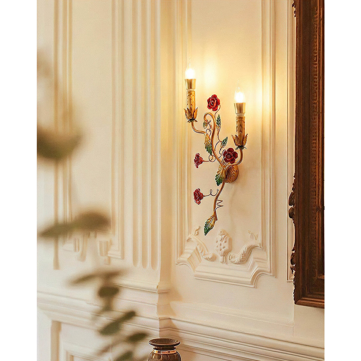 Mechini Wall Lamp - Hand-Forged Floral Vines & Ceramic Roses Wall Sconce