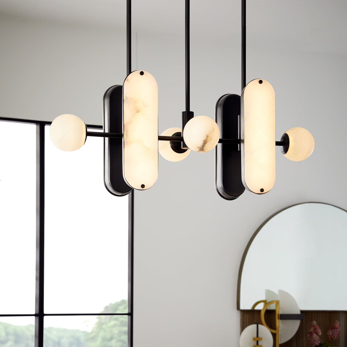 Megalith Alabaster Pendant Lamp - Black Iron & Translucent Stone LED Light