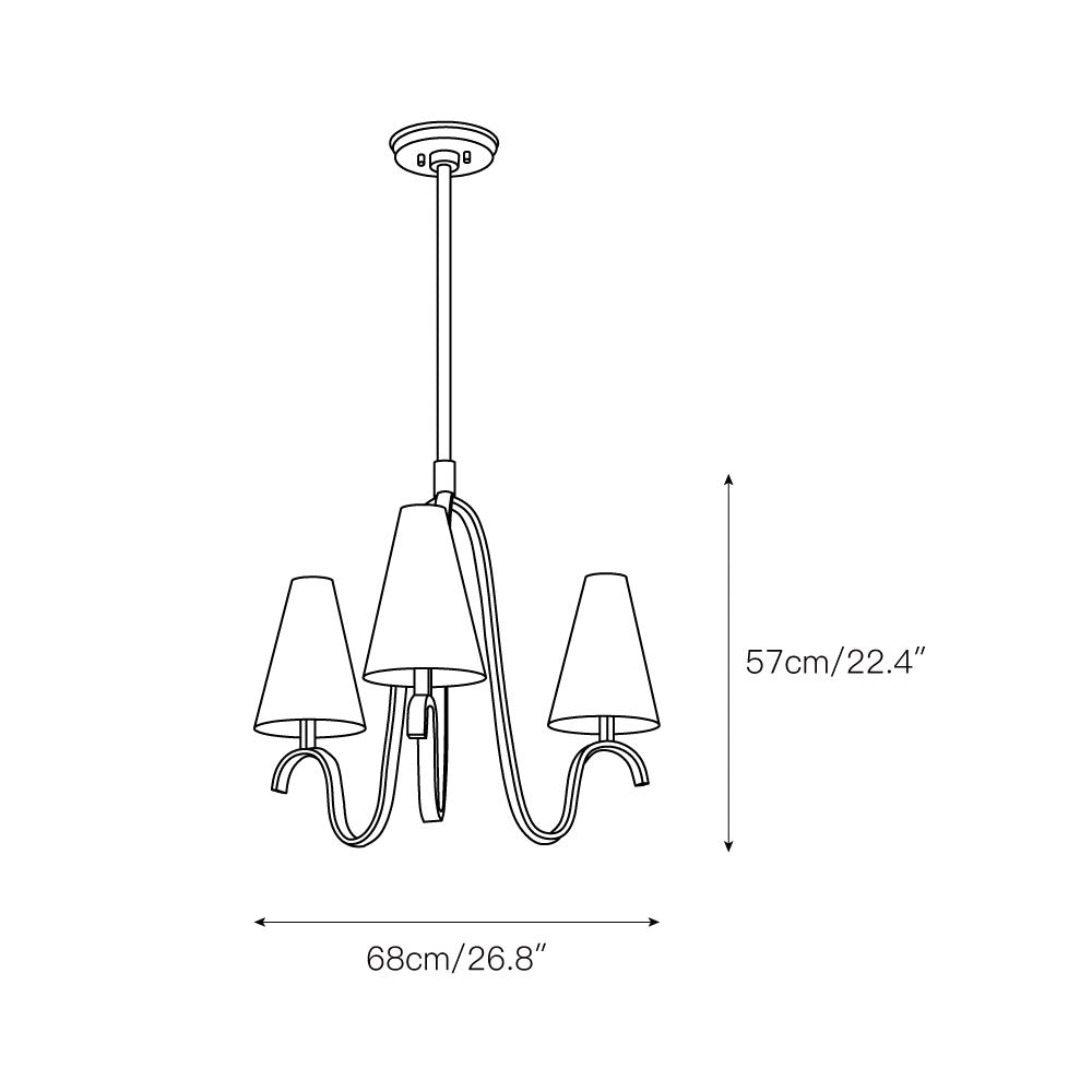 Melor Chandelier - Sweeping Curved Brass Arm & Tall Linen Shade Pendant