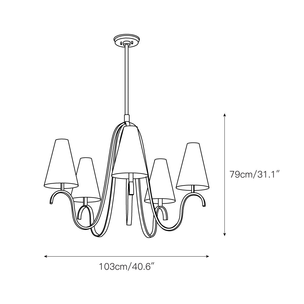 Melor Chandelier - Sweeping Curved Brass Arm & Tall Linen Shade Pendant