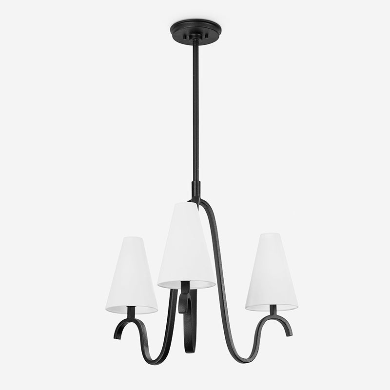 Melor Chandelier - Sweeping Curved Brass Arm & Tall Linen Shade Pendant