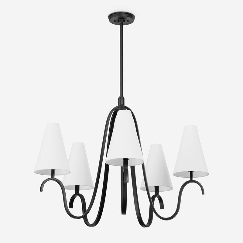 Melor Chandelier - Sweeping Curved Brass Arm & Tall Linen Shade Pendant