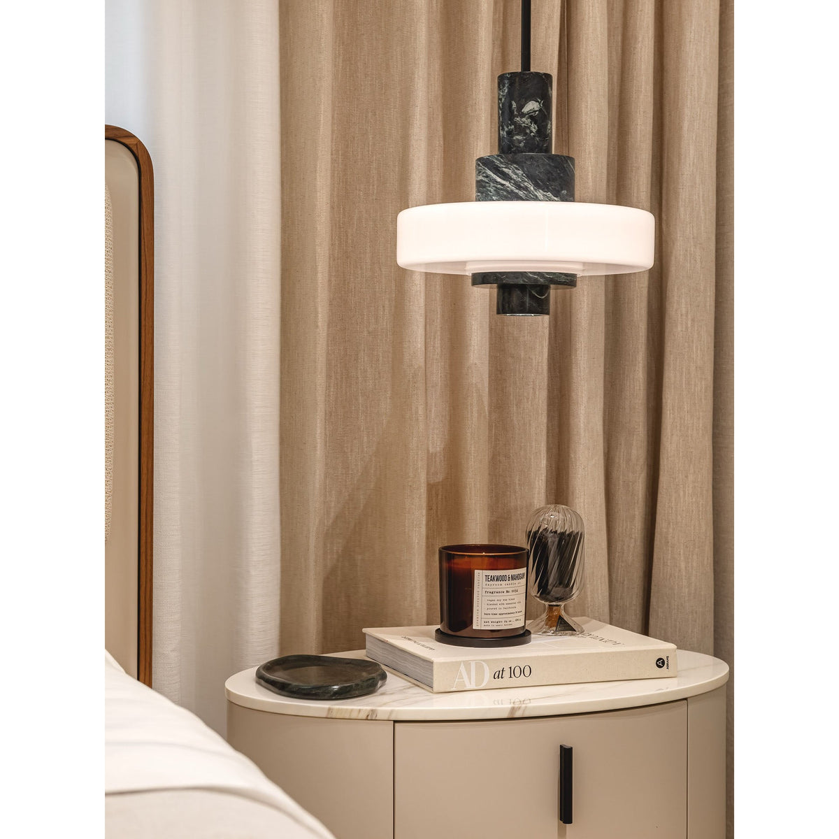 Mercury Green Marble Pendant Lamp - Hand-Carved Marble & Glass LED Light