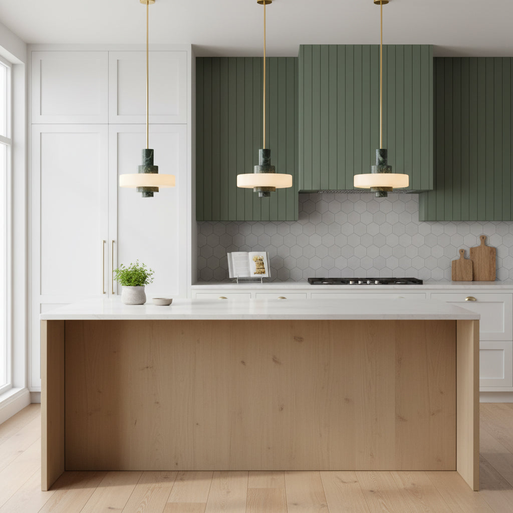 Mercury Green Marble Pendant Lamp - Hand-Carved Marble & Glass LED Light
